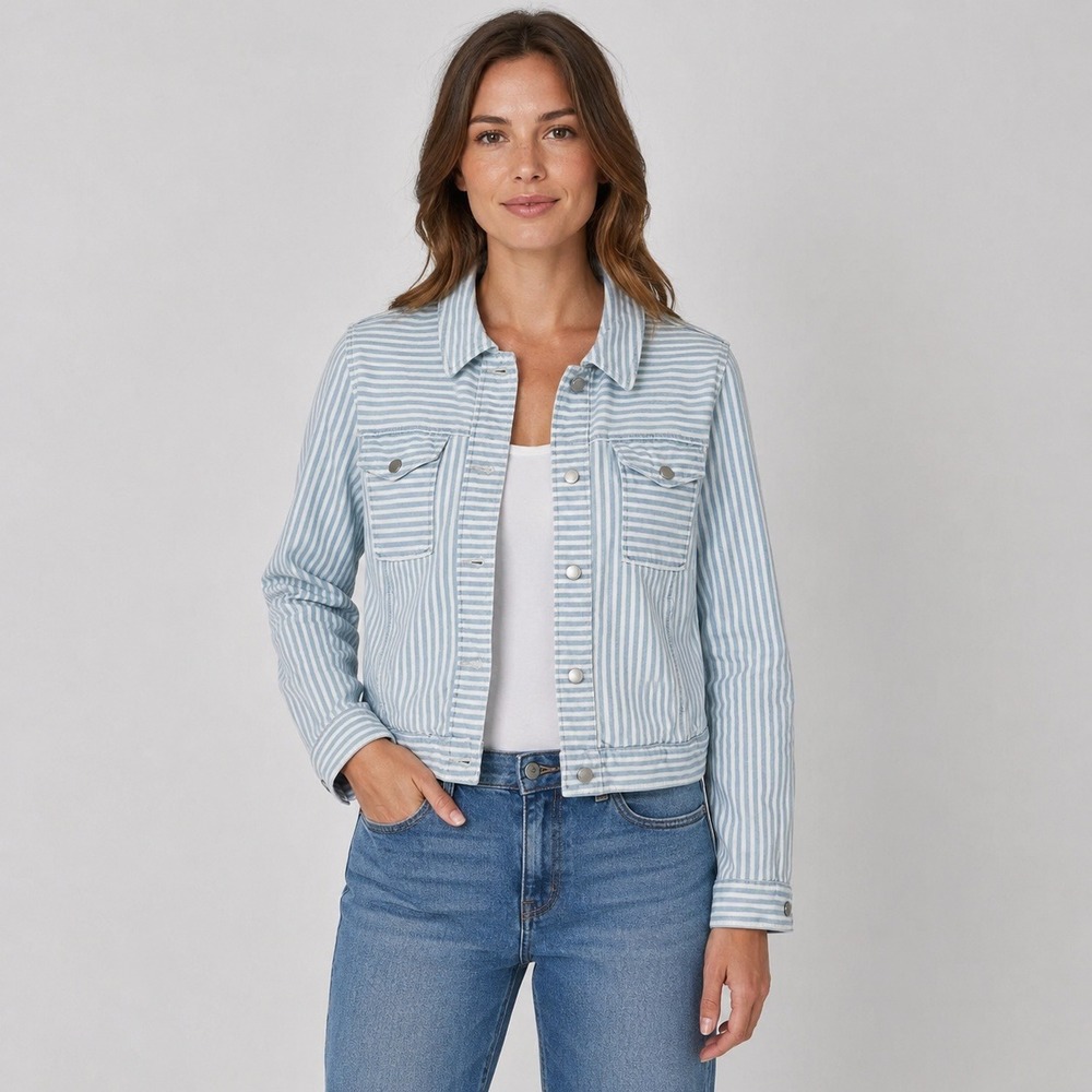 Tribal Jeans Jacket Women Large Blue White Stripe Snap Front Knit Utility